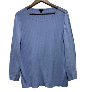 Talbots Plus Sweater Womens 2X Blue Ribbed Long Sleeve Button Shoulder Pullover